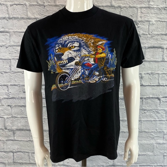 Vintage Oneita Wolf and Motorcycle Tee - Picture 3 of 6